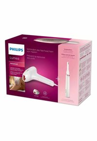 Emballage du Philips Lumea Advanced présentant un dispositif d'épilation blanc au design rose et blanc, incluant une tondeuse de précision et des détails de sécurité.