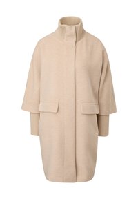 Beigen sävyinen villasekoitetakki, jossa on korkea resorikaulus, laskettu olkapää ja kaksi etutaskua. Hihansuissa on resorit.