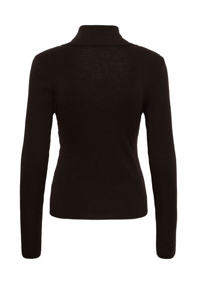 Pull noir ajusté à manches longues avec col roulé côtelé, montré de dos sur fond blanc.