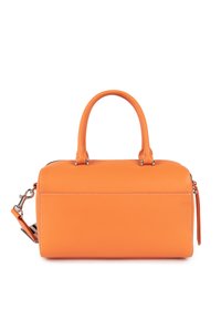 Borsa a tracolla in pelle arancione con due manici superiori, chiusura con zip e tracolla rimovibile. Presenta cuciture bianche a contrasto. Forma rettangolare.