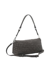 Dunkelgraue, gewebte Leder-Schultertasche mit verstellbaren und abnehmbaren Riemen, rechteckiger Form und Details aus silberfarbigem Metall.