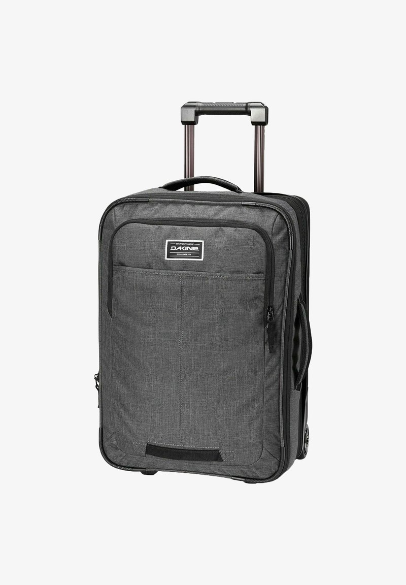 Grijze zachte rolkoffer met telescopisch handvat, voorvak met rits, zijhandvat en wielen voor reizen.