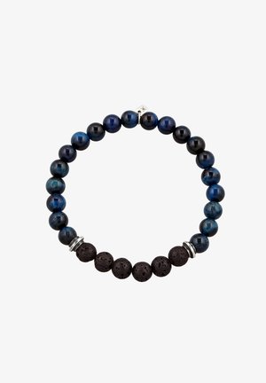 Armband aus blau polierten Perlen und schwarzen porösen Lavaperlen, getrennt durch kleine Silberringe.