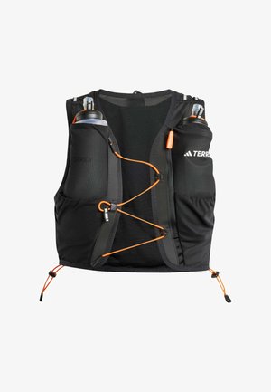 Black hydration vest made of mesh fabric, featuring two front pockets for water bottles, orange accents, and adjustable bungee cords.