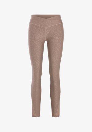 Beige legging met een subtiele luipaardprint, hoge taille en gladde, rekbare stof voor comfort en pasvorm.