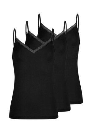 Tre sorte kvinders ærmeløse camisoler med blonder ved V-hals, tynde justerbare skulderstropper og en tætsiddende silhuet.
