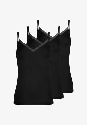 Trois camisoles sans manches pour femmes noires, avec encolure en V bordée de dentelle, fines bretelles réglables et silhouette ajustée.