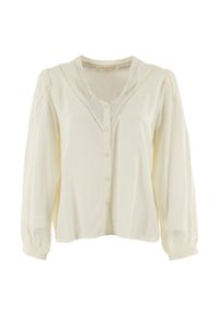 Blusa de color crema con mangas largas, cierre de botones en el frente y tejido texturizado. Presenta un cuello suave y puños fruncidos para un ajuste relajado.