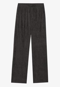 Charcoalgrijze geribbelde loungebroek met een relaxte pasvorm, een trekkoord in de taille en zijzakken. Zachte textuur en wijd uitlopende pijpen.