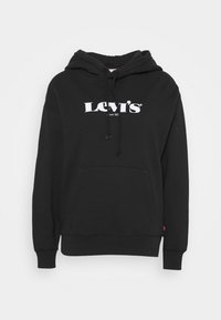 Felpa nera Levi's con logo bianco, tasca frontale tipo kangaroo e lacci regolabili per il cappuccio.