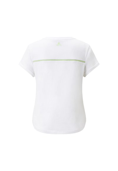 White short-sleeve t-shirt made from cotton, featuring a green accent stripe across the back, with a round neckline and a relaxed fit.