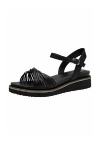 Svart sandal med vävt läderovandel, justerbar ankelrem och en plattformssula med en liten gul accent och texturerat mönster.