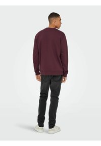 Bordeaux sweater met lange mouwen, geribde manchetten en zoom, gecombineerd met donkere jeans en lichte sneakers, bekeken vanuit de achterkant.