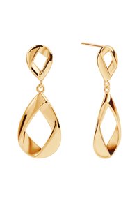 Złote kolczyki wiszące charakteryzują się wydłużonymi kształtami łez z przeplatającymi się wzorami i wyciętymi akcentami. Wysoki połysk potęguje atrakcyjność wizualną.