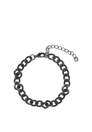Bracciale a catena in metallo nero con maglie ovali incastrate e catenina di estensione regolabile con chiusura a moschettone.