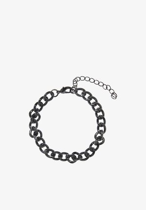 Fekete fém lánc karkötő összekapcsolódó ovális szemekkel és állítható hosszabbító lánccal, homárkapcsos záródással.