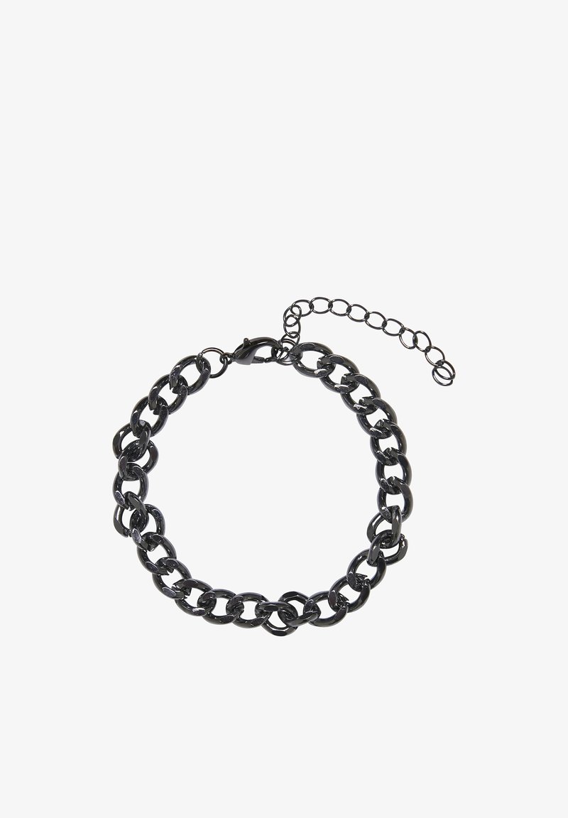 Bracelet chaîne en métal noir avec maillons ovales entrelacés et chaînette d'extension réglable avec fermoir mousqueton.