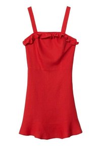 Robe rouge à fines bretelles, avec un col volanté et un ourlet évasé. Confectionnée dans un tissu léger avec une texture lisse.