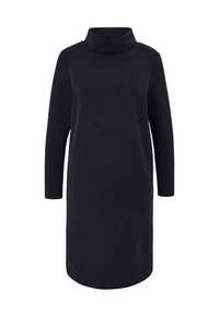 Czarna, długa sukienka z długim rękawem i golfem, uszyta z miękkiego materiału, z wysokim ko�łnierzem i zaokrąglonym dołem, zapewniająca prostą, nowoczesną sylwetkę.