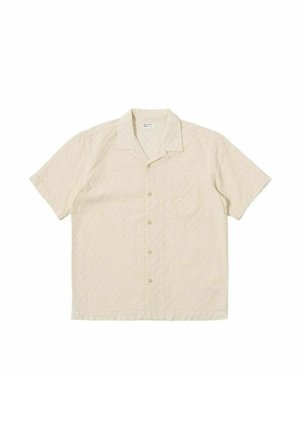 Camicia beige a maniche corte con bottoni, colletto camp e taschino sul petto, realizzata in tessuto leggermente strutturato.