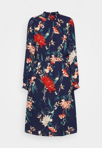 Kukkamekko tummansinisellä pohjalla, jossa on punaisia ja vaaleanpunaisia kukkia. Ryhditetty pääntie ja pitkät hihat, joissa on joustavat hihansuut. Kapea vyötärömuotoilu.