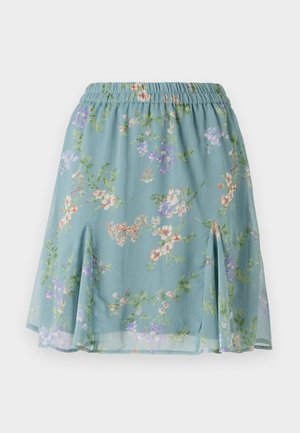Fustă fluidă, de culoare albastră deschisă, cu un model floral în nuanțe de violet, portocaliu și verde; talie elastica; slituri laterale la tiv.