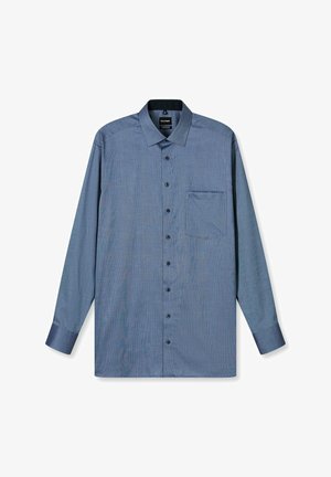 Herren Langarmhemd in Dunkelblau mit strukturiertem Muster, Knopfleiste, spitzem Kragen, einer Brusttasche und kontrastierenden Manschetten.