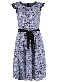 Floral dress with short ruffled sleeves, black background, purple, pink, and white flowers, cinched waist with a black tie belt, knee-length.