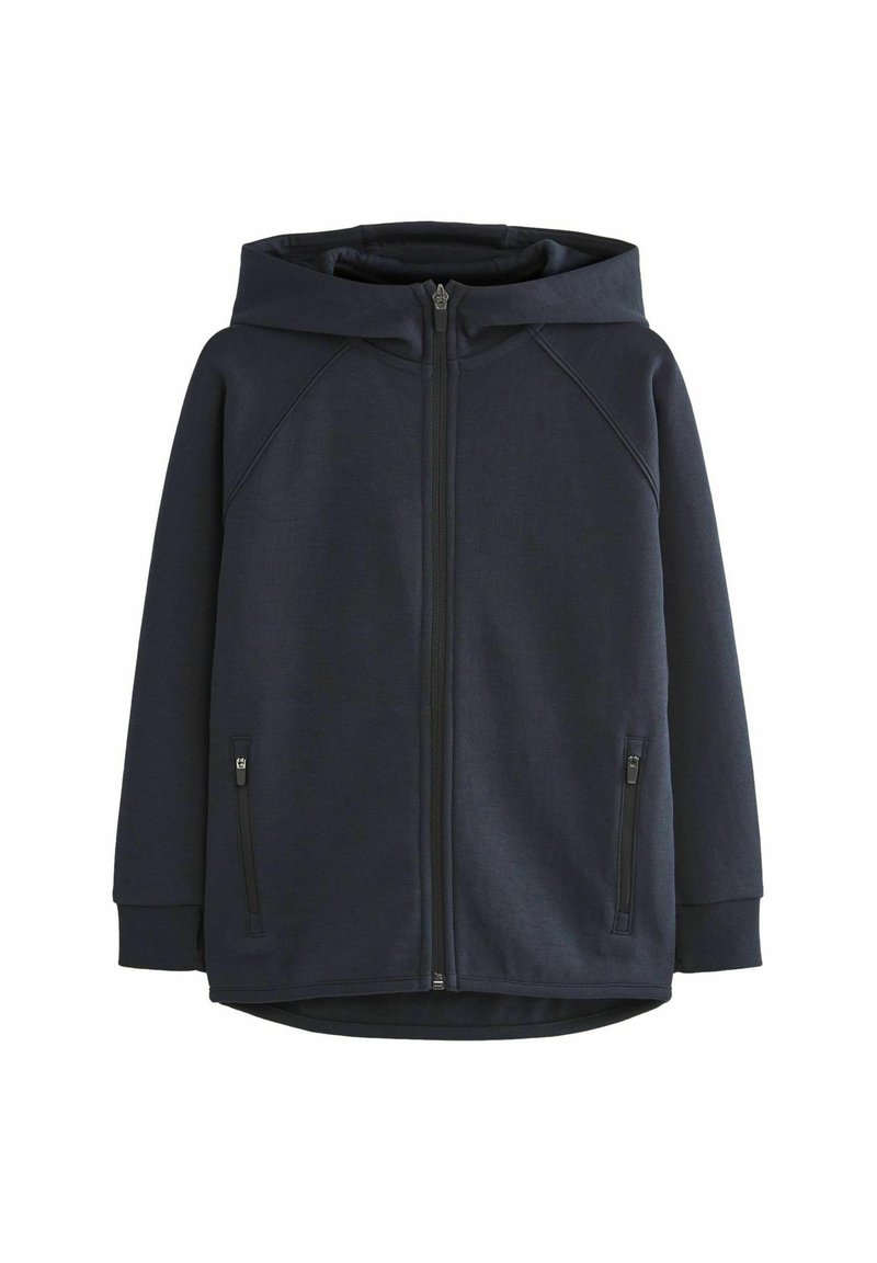 Giacca a vento blu navy con cappuccio realizzata in morbido tessuto, caratterizzata da una zip frontale completa e due tasche laterali con chiusura a zip. Texture liscia, vestibilità rilassata.