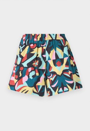 Πολύχρωμα σορτς με ελαστική μέση, που διαθέτουν έντονο αφηρημένο μοτίβο σε αποχρώσεις του μαύρου, του τιρκουάζ, του ροζ, του κίτρινου και του κόκκινου.