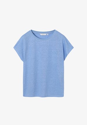 T-shirt azzurro chiaro a maniche corte con scollo tondo, vestibilità comoda e tessuto leggermente strutturato, taglia small, senza loghi o motivi visibili.