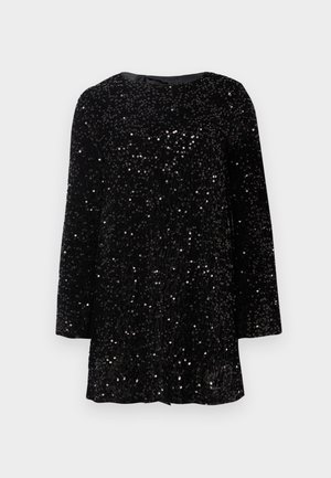 Vestido negro de lentejuelas con escote redondo, mangas largas y un corte relajado. La superficie tiene un aspecto texturizado debido a las lentejuelas.
