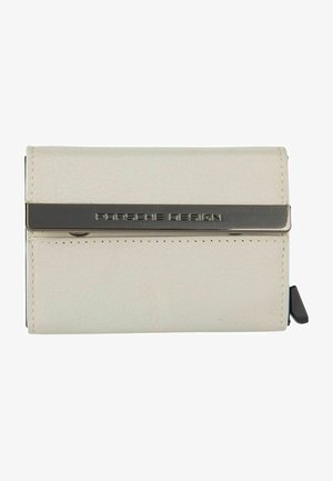 Cartera de cuero blanca con una barra metálica plateada que presenta el texto "Porsche Design." Forma rectangular compacta con costuras visibles.
