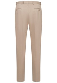 Beige trousers with a smooth texture, featuring two back pockets with buttons, and a tailored design that tapers towards the ankles.