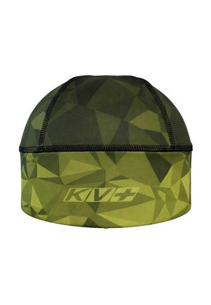 Casquette en tissu à motif géométrique vert avec couture noire et logo "KV+" sur la bande avant.