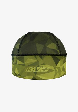 Casquette en tissu à motif géométrique vert avec couture noire et logo "KV+" sur la bande avant.