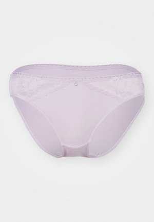 Lilac women's underwear features a soft fabric with lace trim at the waist. The design includes a small decorative jewel at the center rear.