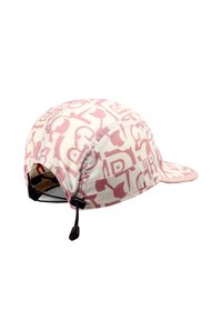 Cap made from lightweight fabric, featuring a pink and white graphic pattern. Curved brim, adjustable back, and reinforced stitching.