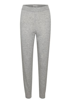 Lichtgrijze, taps toelopende joggers gemaakt van zachte stof met een elastische tailleband. Er zijn geen zichtbare patronen of hardwaredetails aanwezig.