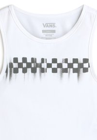 White tank top made of cotton, featuring a black and white checkered pattern along the chest. Tag displays "VANS" and size "Small."