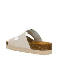 Sandal platform bianco con suola in sughero. Presenta un design a ritaglio sulla parte superiore, una texture liscia e una zeppa spessa e testurizzata per il supporto.