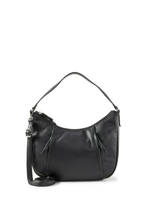 Sac bandoulière en cuir noir texturé avec deux poches zippées à l'avant, une poignée unique et une longue bandoulière amovible, présenté sur fond blanc.