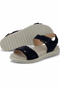 Marinefarbene Wildledersandalen mit zwei breiten Riemen, verstellbaren Schnallen und einer leichten beigefarbenen Gummisohle mit strukturiertem Unterboden.