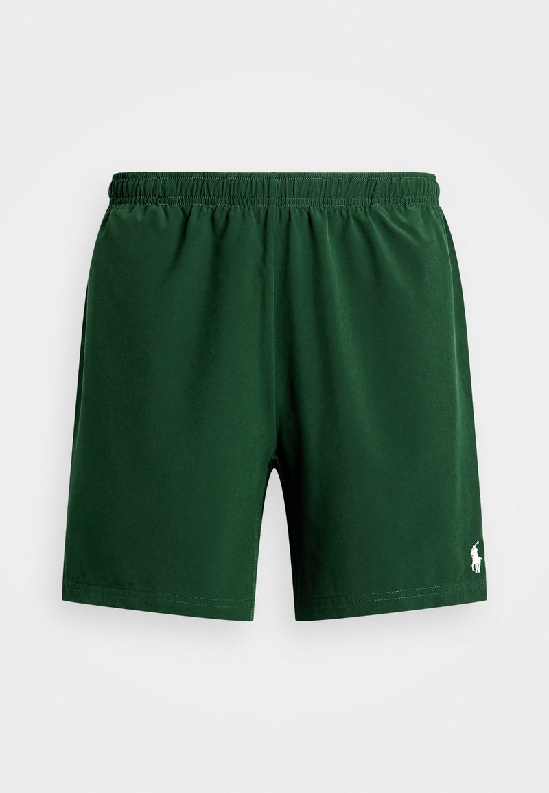 Shorts atletici verzi, confecționați dintr-un material neted, cu un elastic la talie și un mic logo alb în colțul din dreapta jos.