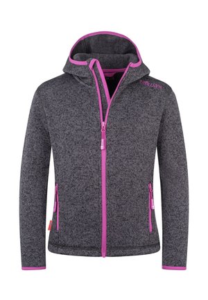 Dark gray hooded jacket with pink zipper and trim, two front zip pockets, and a small red and white flag tag on the left side.