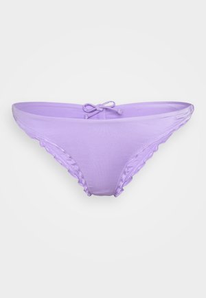 Purple bikini bottom with a smooth texture, featuring ruffled edges and a tied waist detail. Designed for a fitted silhouette.