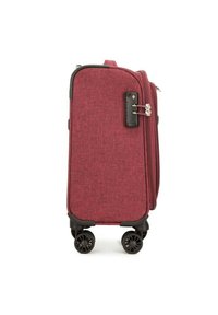 Valise rouge en tissu avec une surface texturée, deux roues noires, et un cadenas à combinaison sur le côté, de forme rectangulaire.