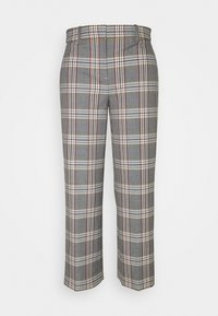 Grå rutiga byxor i ett strukturerat tyg. Innehåller en blandning av vita, röda och gula ränder i ett fyrkantigt mönster. Raka ben.