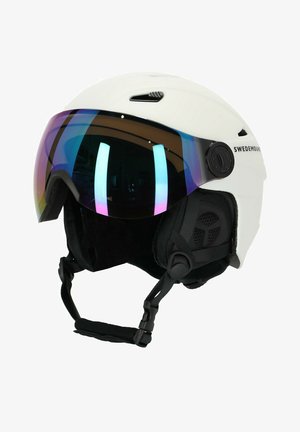 Weißer Helm mit einer großen irideszenten Visier, schwarzer Innenpolsterung, verstellbarem Kinnriemen und Belüftungsöffnungen. Markenlabel: SWEDEMOUNT.