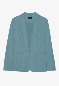 Blazer turquoise clair en tissu doux ; doté d'un col châle, de deux poches avant et d'une coupe ajustée. Aucun bouton visible.